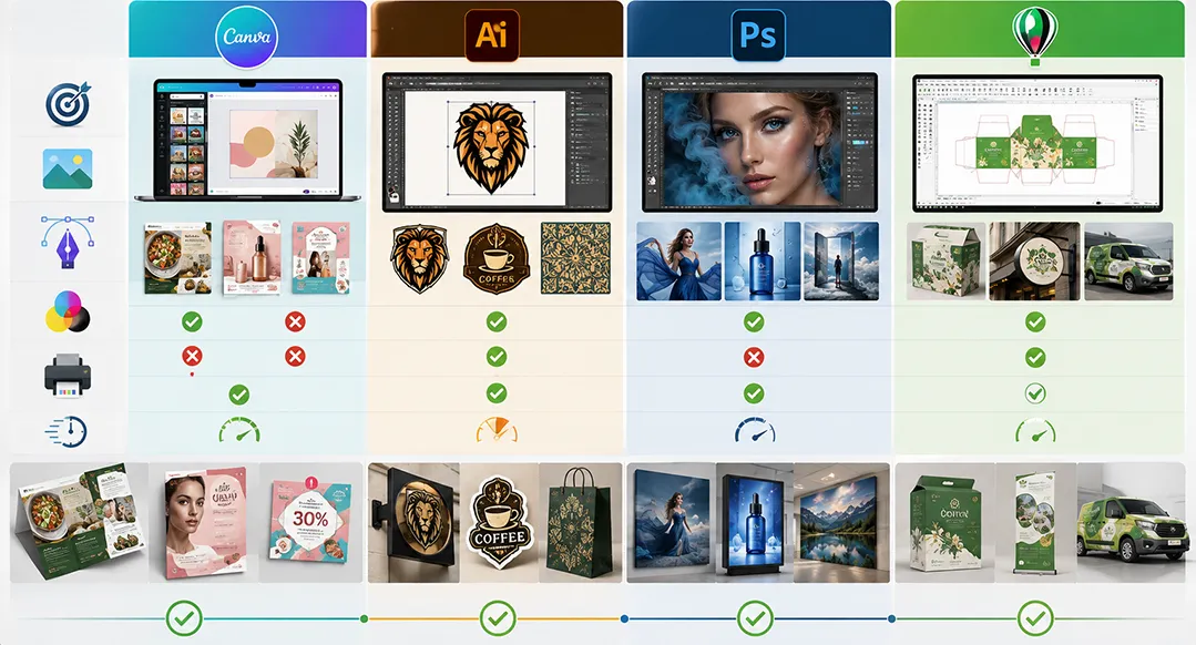 Dùng Canva làm file in: khi nào đủ, khi nào cần Illustrator, Photoshop hoặc CorelDRAW?